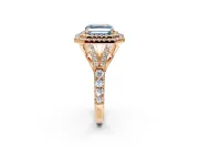 Double Halo Engagement Ring Setting for Fancy Blue Asscher Cut Center with Narrow Pave Split Shank and Prong Head in Rose Gold