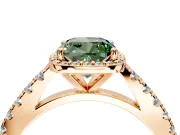 Halo Engagement Ring Setting for Fancy Green Cushion Cut Center with Full Pave Band and Prong Head in Rose Gold