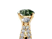 3 Stone Engagement Ring Setting for Fancy Green Round Cut Center with Pave Split Shank and Prong Head in Yellow Gold