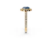 Pave Halo Engagement Ring Setting for Fancy Blue Round Cut Center with Single Row Pave Band and Prong Head in Yellow Gold