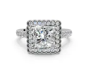 Milgrain Floral Halo Engagement Ring Setting for Princess Cut Center with Pave Band and Prong Head in White Gold