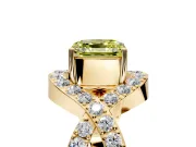 Halo Engagement Ring Setting for Fancy Yellow Asscher Cut Center with Pave Infinity Twist Band and Prong Head in Yellow Gold