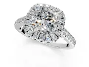 Halo Engagement Ring Setting for Cushion Cut Center with Narrowing Pave Band and Prong Head in Platinum