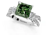 3 Stone Engagement Ring Setting for Fancy Green Princess Cut Center with Pave Twist Band and Prong Head in Platinum