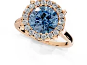 Single Halo Engagement Ring Setting for Fancy Blue Round Cut Center with Corner Claws, Plain Band and Prong Head in Rose Gold