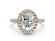 Halo Engagement Ring Setting for Oval Center with Narrowing Pave Band and Prong Head in Yellow Gold