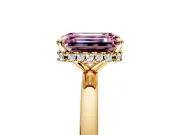 Hidden Halo Engagement Ring Setting for Fancy Pink Emerald Cut Center with Plain Band and Tall Prong Head in Yellow Gold