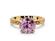 Solitaire Engagement Ring Setting for Fancy Pink Round Cut Center with Milgrain X Pattern Band and Prong Head in Yellow Gold