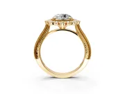 Milgrain Halo Engagement Ring Setting for Round Cut Center with Bezel Point Accents and Prong Head in Yellow Gold