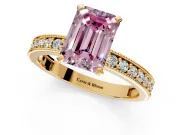 Milgrain Pave Engagement Ring Setting for Fancy Pink Emerald Cut Center with Accent Band and Prong Head in Yellow Gold
