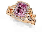 Halo Engagement Ring Setting for Fancy Pink Emerald Cut Center with Leaf Motif Split Shank and Prong Head in Rose Gold
