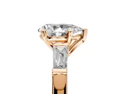 3 Stone Engagement Ring Setting for Pear-Shaped Center with Tapered Baguettes, Plain Band and Prong Head in Rose Gold