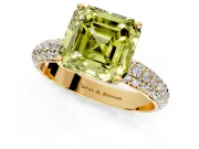 Solitaire Engagement Ring Setting for Fancy Yellow Asscher Cut Center with Domed Multi-Row Pave Band and Prong Head in Yellow Gold