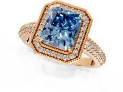 Milgrain Halo Engagement Ring Setting for Fancy Blue Radiant Cut Center with Three-Sided Pave Band and Prong Head in Rose Gold