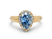 Halo Engagement Ring Setting for Fancy Blue Pear-Shaped Center with Knife Ridge Cathedral Band and Prong Head in Yellow Gold