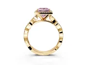 Halo Engagement Ring Setting for Fancy Pink Princess Cut Center with Pave and Plain Twist Band and Prong Head in Yellow Gold