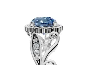 Halo Engagement Ring Setting for Fancy Blue Cushion Cut Center with Leaf Motif Split Shank and Prong Head in Sterling Silver