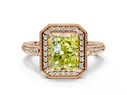Milgrain Halo Engagement Ring Setting for Fancy Yellow Radiant Cut Center with Three-Sided Pave Band and Prong Head in Rose Gold