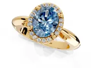 Halo Engagement Ring Setting for Fancy Blue Oval Center with Tapered Plain Band and Prong Head in Yellow Gold