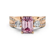 3 Stone Engagement Ring Setting for Fancy Pink Emerald Cut Center with Pave Twist Band and Prong Head in Rose Gold