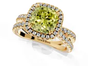 Halo Engagement Ring Setting for Fancy Yellow Cushion Cut Center with Double Pave Split Shank and Prong Head in Yellow Gold