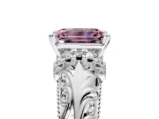 Solitaire Engagement Ring Setting for Fancy Pink Emerald Cut Center with Filigree Accent Basket and Prong Head in Platinum