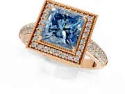 Milgrain Halo Engagement Ring Setting for Fancy Blue Princess Cut Center with Three-Sided Pave Band and Prong Head in Rose Gold