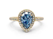 Halo Engagement Ring Setting for Fancy Blue Pear-Shaped Center with Pave Accents, Heart Basket and Prong Head in Yellow Gold
