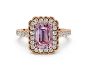Milgrain Floral Halo Engagement Ring Setting for Fancy Pink Emerald Cut Center with Pave Band and Prong Head in Rose Gold
