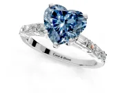 Baguette Engagement Ring Setting for Fancy Blue Heart-Shaped Center with Alternating Bar-Set Band and Prong Head in Platinum
