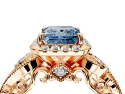 Bypass Halo Engagement Ring Setting for Fancy Blue Princess Cut Center with Bezel Accents, Milgrain and Prong Head in Rose Gold