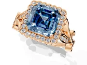 Halo Engagement Ring Setting for Fancy Blue Asscher Cut Center with Leaf Motif Split Shank and Prong Head in Rose Gold