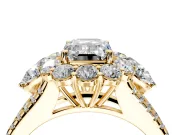 Halo Engagement Ring Setting for Emerald Cut Center with Two-Strand Split Shank and Prong Head in Yellow Gold