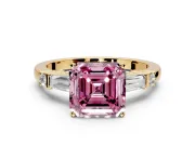 Bar-Set Engagement Ring Setting for Fancy Pink Asscher Cut Center with Tapered Baguette Accents and Prong Head in Yellow Gold