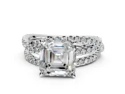 Solitaire Engagement Ring Setting for Asscher Cut Center with Woven 3-Strand Pave Band and Prong Head in Sterling Silver