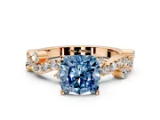 Solitaire Engagement Ring Setting for Fancy Blue Cushion Cut Center with Bar-Station Pave Twist and Prong Head in Rose Gold