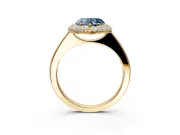Halo Engagement Ring Setting for Fancy Blue Heart-Shaped Center with Plain Tapered Band and Prong Head in Yellow Gold