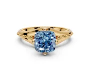 Solitaire Engagement Ring Setting for Fancy Blue Cushion Cut Center with Milgrain Cathedral Band and Prong Head in Yellow Gold