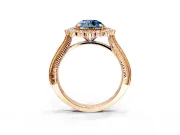 Milgrain Halo Engagement Ring Setting for Fancy Blue Round Cut Center with Bezel Point Accents and Prong Head in Rose Gold