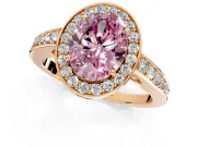 Bezel-Framed Halo Engagement Ring Setting for Fancy Pink Oval Center with Pave Band and Prong Head in Rose Gold