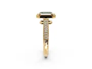 Milgrain Halo Engagement Ring Setting for Fancy Green Asscher Cut Center with Three-Sided Pave Band and Prong Head in Yellow Gold