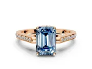 Cathedral Engagement Ring Setting for Fancy Blue Emerald Cut Center with Antique-Style Pave Band and Prong Head in Rose Gold