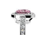 Bezel-Framed Halo Engagement Ring Setting for Fancy Pink Radiant Cut Center with Pave Band and Prong Head in White Gold