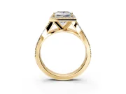 Halo Engagement Ring Setting for Princess Cut Center with Narrow Pave Split Shank and Prong Head in Yellow Gold