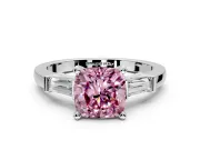 3 Stone Engagement Ring Setting for Fancy Pink Cushion Cut Center with Channel Baguette Accents and Prong Head in Platinum
