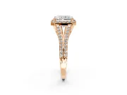 Halo Engagement Ring Setting for Radiant Cut Center with Pave Split Shank and Prong Head in Rose Gold