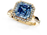 Halo Engagement Ring Setting for Fancy Blue Asscher Cut Center with Pave and Plain Twist Band and Prong Head in Yellow Gold