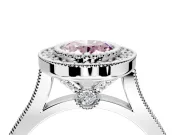 Halo Engagement Ring Setting for Fancy Pink Oval Center with Milgrain Frame, Pave Band and Prong Head in White Gold