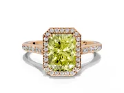 Halo Engagement Ring Setting for Fancy Yellow Radiant Cut Center with Pave Accents, Heart Basket and Prong Head in Rose Gold