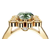 Cluster Halo Engagement Ring Setting for Fancy Green Oval Center with Milgrain Bezel Accents and Prong Head in Yellow Gold